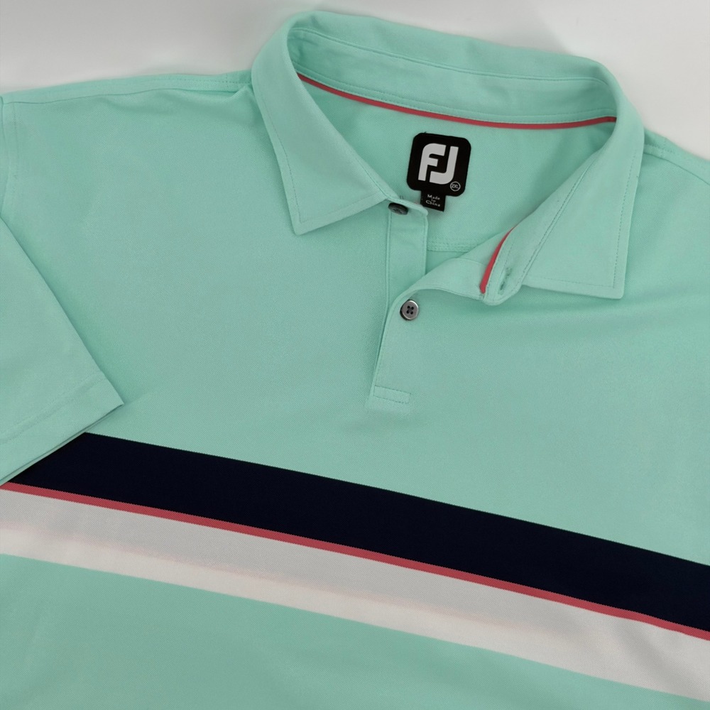 Footjoy FJ Mens 2XL Aqua Golf Polo Shirt Short‎ Sleeve Striped Collar